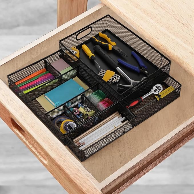 4 Pack Desk Drawer Organizer Tray Set - Black Metal Mesh Desk Drawer Organizers and Accessories with Adjustable Dividers for Office Supplies Storage