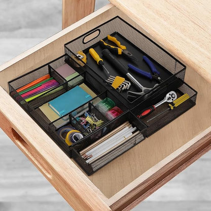 4 Pack Desk Drawer Organizer Tray Set - Black Metal Mesh Desk Drawer Organizers and Accessories with Adjustable Dividers for Office Supplies Storage