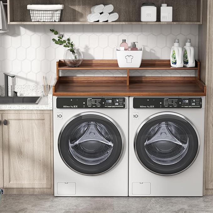 VOPEAK Washer and Dryer Countertop with Shelf, 2-Tier Washer Dryer Topper, 54" x 27.5" Spacious Laundry Countertop, Washing Machine Topper for Laundry Room Organization and Folding Clothes, Walnut