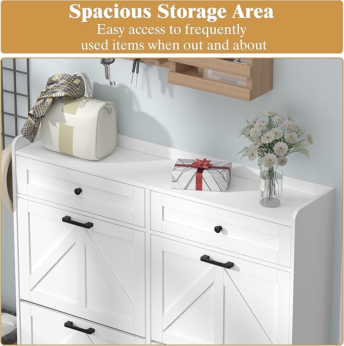 Shoe Cabinet with 4 Flip Drawers & 2 Storage Drawers, Rustic Farmhouse Narrow Shoe Organizer Cabinet, Slim Shoe Rack Cabinet, Shoe Storage Cabinet for Entryway, Hallway, Front Door