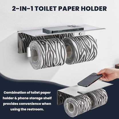 Suyar Double Toilet Paper Holder, SUS 304 Stainless Steel Bathroom Toilet Paper Roll Holder with Shelf, Polished Chrome