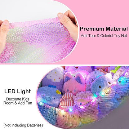Unicorn Castle Stuffed Animals Net or Hammock Kids Toy Storage Organizer with LED Light Hanging Corner Stuffed Animals Holder Kids Girls Room Decor,Pink-Purple-Yellow,Large (Pack of 2)
