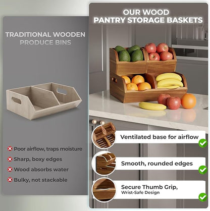 Acacia Wood Pantry Storage Bins - Stackable Open Front Kitchen Baskets for Potato, Onion, Fruit, Vegetable, and Bread Storage, Wood Organizer for Pantry (Warm Acacia)
