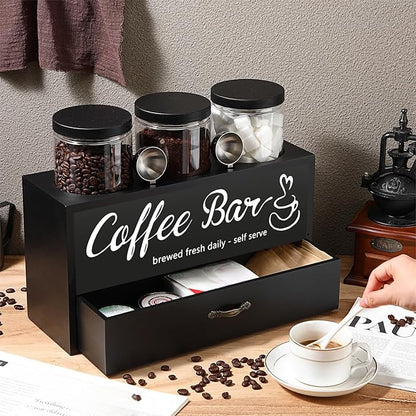 3 Pcs Coffee Canister Set with Shelf and Spoon Plastic Coffee Bean Storage Container with Lids Coffee Storage Box with Drawer Food Storage Jars for Coffee Bar Kitchen (Black)