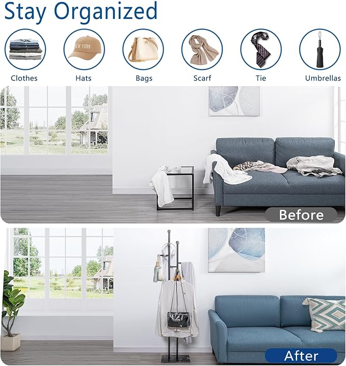 Coat Rack Freestanding with Marble Base, Heavy Duty Metal Clothes Rack, Corner Coat Tree Hat Rack for Entryway Bedroom Living Room Hotel 14.96 x 10.24 x 68.9 Inches (Black)