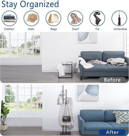 Coat Rack Freestanding with Marble Base, Heavy Duty Metal Clothes Rack, Corner Coat Tree Hat Rack for Entryway Bedroom Living Room Hotel 14.96 x 10.24 x 68.9 Inches (Black)