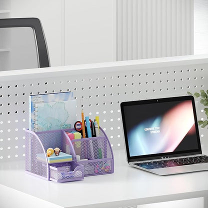 EasyPAG Mesh Desk Organizer with Drawer Multi-functional Pen Holder Stationery Organizer for Office School Supplies 6 Compartments Dorm Organizers and Storage for Desk, Light Purple