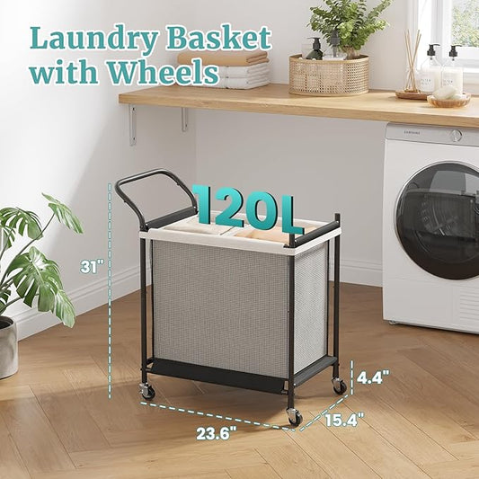 Laundry Hamper with Wheels - 2 Section Laundry Basket 120L, Removable Washable Bags, Height-Fitted Rolling Laundry Cart for Laundry Room & Bedroom