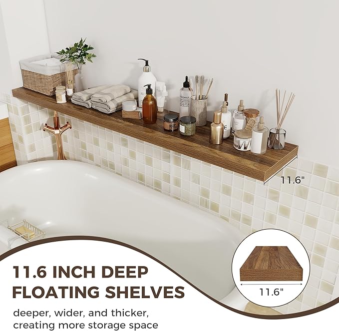 Fun Memories 12 Inch Deep Floating Shelves, 67 Inch Long Extra Large Floating Shelves Set of 2, Wood Wall Shelves for Living Room, Kitchen, Bedroom, Farmhouse, Laundry Room, Home Office - Walnut