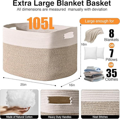 Extra Large Blanket Basket for Living Room, Rectangle Woven Cotton Rope Storage for Blankets, Toys, Clothes, Shoes, 25”x16”x16”, Off White & Brown, 108L