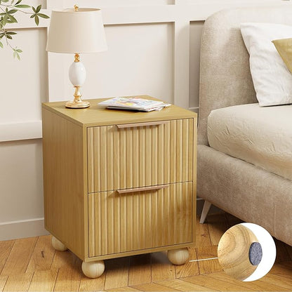 HOCAT Fluted Nightstand, Natural Oak Finish Bedside Table with Spacious Storage Drawers, Night Stand with Solid Wood Round Legs for Bedroom, End Table, Side Table