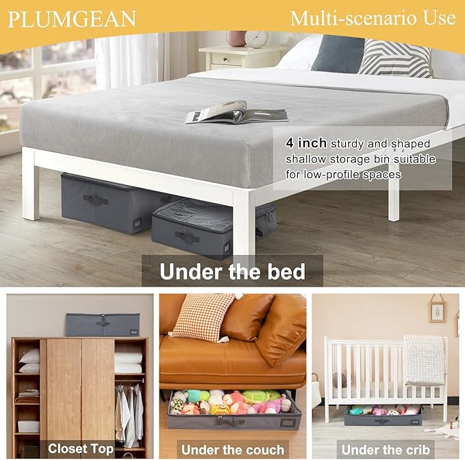 PLUMGEAN 4-Inch Under Bed Storage Containers (2-Pack) | Sturdy Sidewalls | Clear Cover & Label Holder | Foldable Fabric Closet Bin Organizer | Stores Clothing/Blankets/Sweaters/Sheets