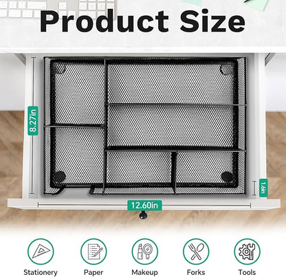 Desk Drawer Organizer Tray Versatile Metal Mesh Desk Organizers and Accessories for Office Supplies, School, Home, 12.60 x 8.66 x 1.77 Inches