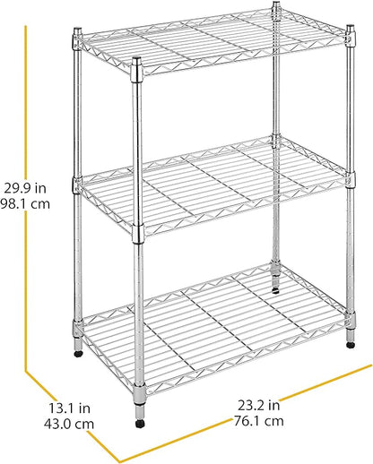 Whitmor 3 Tier Shelving Unit, Metal Storage Shelves, 400 lbs Capacity per Shelf, 1200 lbs Total, Adjustable Heavy Duty Shelf for Kitchen, Garage, Plant, 23" L x 13" W x 30" H, Chrome