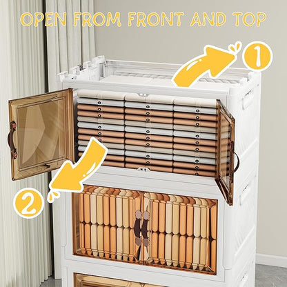 Vavkorkula Storage Bins with Lids and Wheels, 660QT-165QT*4Tier Collapsible Bathroom Storage Cabinet with Clear Doors, Plastic Stackable Closet Organizers and Containers White