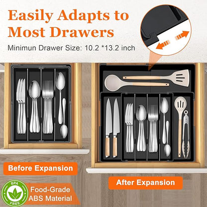 Silverware Organizer - Expandable Utensil Drawer Organizer, Adjustable Silverware Drawer Organizer, Plastic Kitchen Drawer Organizer for Forks, Knives, Kitchen Organizer Dividers, Black