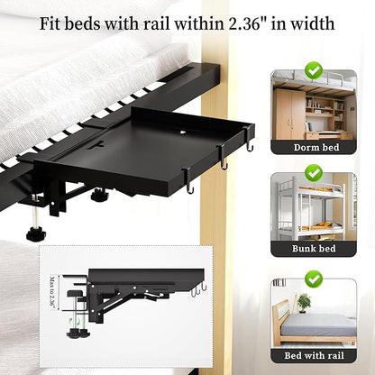 Foldable Bedside Shelf, Metal Clip-On Bed Tray Table for Bunk Bed & Dorm Beds, Dorm Room Essentials Organizer for College Students, Floating Tray, Space Saving Nightstand for Loft Beds (Black, Small)