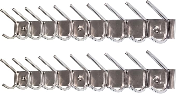 WEBI 10 Hooks, Heavy Duty 30 Inch Stainless Steel 304 Hook Rail Coat Rack with 10 Hooks, Satin Finish, Great Home Storage & Organization for Bedroom, Bathroom, Foyers, Hallways,2Packs