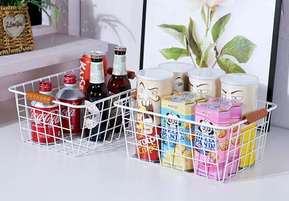 Wire Kitchen Storage Basket 4 Packs,Perfect Pantry Organization Accessories Baskets,Laundry Basket,With a Wooden handle,Suitable for Kitchen,Bathroom,Bedroom,Tabletop,Stackable,White