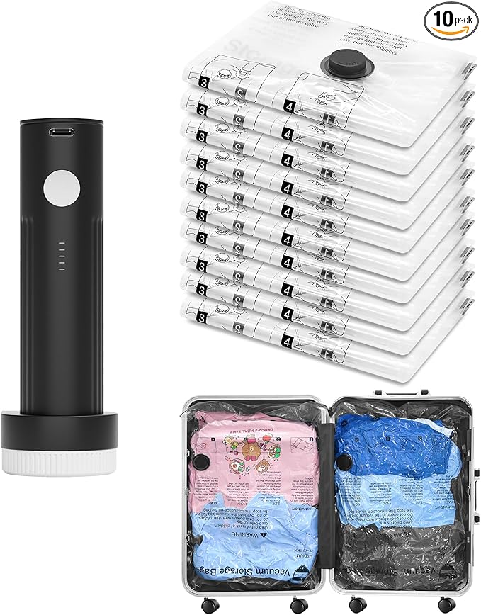 Vacuum Bags for Travel with Rechargeable Pump, 10 Small Compression Packing Seal Bags for Luggage Suitcase, Space Saver for Clothing and Clothes Storage Travel