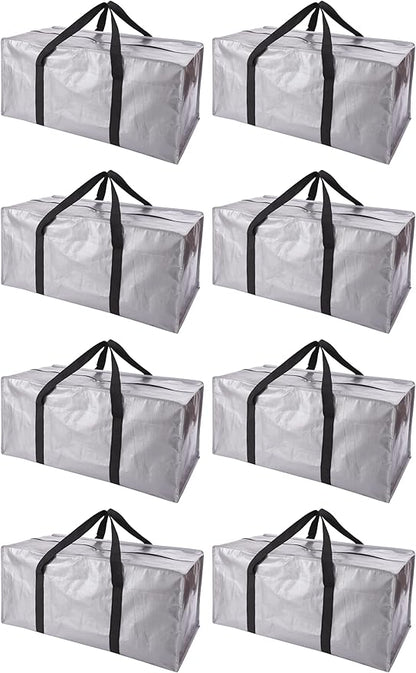 PANDA JOYS Extra Large Moving Bags with Zippers & Carrying Handles, Heavy-Duty Storage Tote for Space Saving Moving Storage, Fold Flat, Alternative to Box and Bin - 8 Pack, Silver