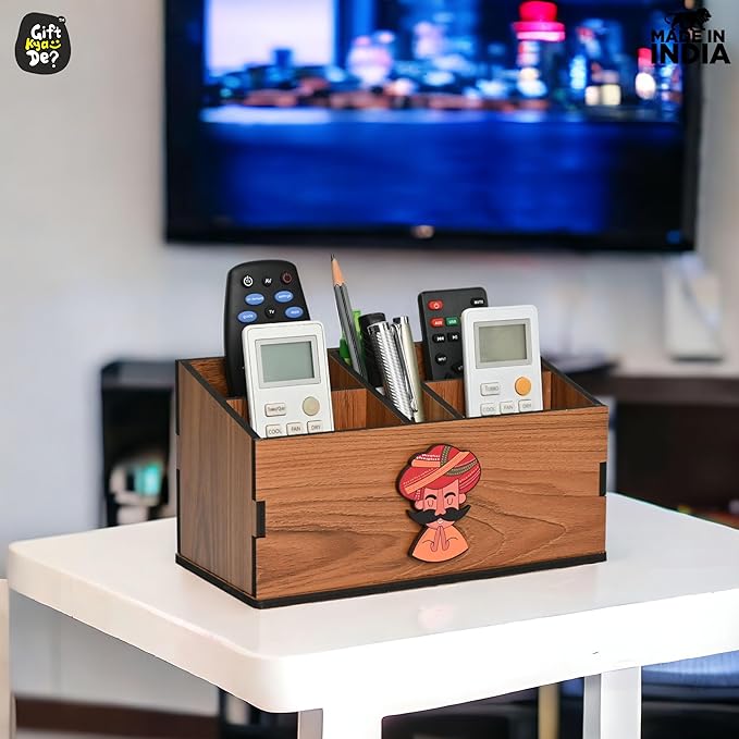 GKD Remote Stand with 5 Sections | Wooden Remote Holder for Living Room, TV and AC | Stationary Organizer | 5 in 1 | Ideal for Home and Office, New Year Gift (Brown Rajasthan)