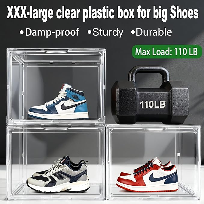 Extra XXX-Large Acrylic Display Case 17.3''x13''x13'' Super Large Figures Collectibles Helmet Showcase Tall Boot Shoe Boxes Clear Stackable Huge Storage Box with Magnetic Lid, 1 Pack with 2 Shoe Bags