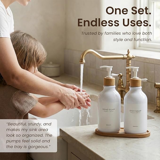 Maisonovo Plastic Soap Dispenser Set | Hand Soap and Dish Soap Dispenser Set | 16.9oz Amber Bottles with Black Bamboo Pump | Bathroom Lotion Dispenser with Pump Set of 2