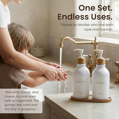Maisonovo Plastic Soap Dispenser Set | Hand Soap and Dish Soap Dispenser Set | 16.9oz Amber Bottles with Black Bamboo Pump | Bathroom Lotion Dispenser with Pump Set of 2