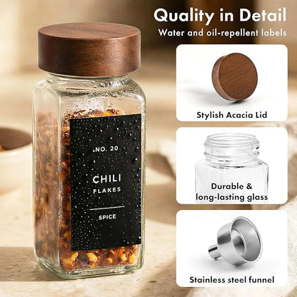 EDELHAUS® Square Spice Jars with Acacia Wooden Lid (Pack of 24) Spice Jars with Shaker Insert and 240 Labels - Acacia Lid Glass Container for Spice Organisation [4.3 in × 1.8 in]