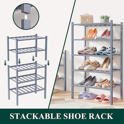 Smiry Bamboo Shoe Rack for Closet, 2 Tier Long Wooden Stackable Shoe Organizer, Free Standing Shoes Storage Shelf for Entryway, Front Door Entrance, Grey