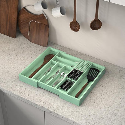 Bamboo Kitchen Drawer Organizer, Expandable Silverware Organizer with Removable Knife Block, 6-8 Slots- Utensil Holder & Cutlery Tray Drawer Dividers, 2.36" Deep for Extra Capacity, Cyan