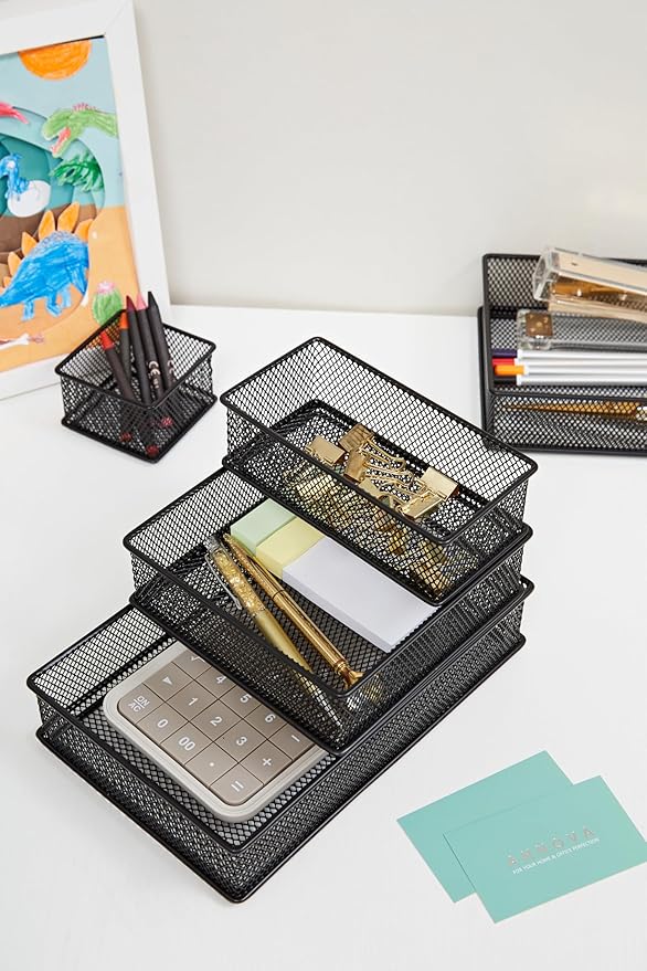Annova Mesh Stackable Drawer Cabinet and Shelf Organizer Bins Storage Basket School Office Supply Holder Tray- Set of 2 (Black, 3x9x2 Inch)