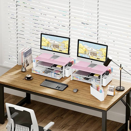 OPNICE Desk Organizers and Accessories, 2-Tier Computer Monitor Stand Riser with Drawer and 2 Pen Holders, Laptop Stand, Office Desk Accessories for Office Supplies, Pink Wood
