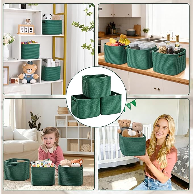 3 Pack Cube Storage Bin, 9”x9”x7” Cotton Rope Woven Baskets for Organizing Toys Clothes Towels, Square Gift Storage Baskets for Shelf, Nursery, Closet, Bathroom, Pantry (Green)