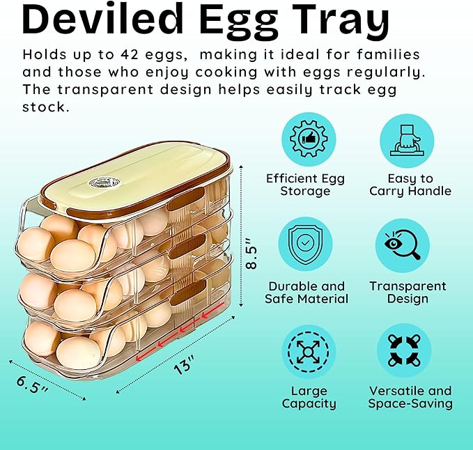 3-Tier Egg Dispenser for Refrigerator, Rolling Egg Organizer with Time Tracker, Stackable BPA-Free Egg Container Holds 42 Eggs, Fresh Egg Holder for Countertop Storage