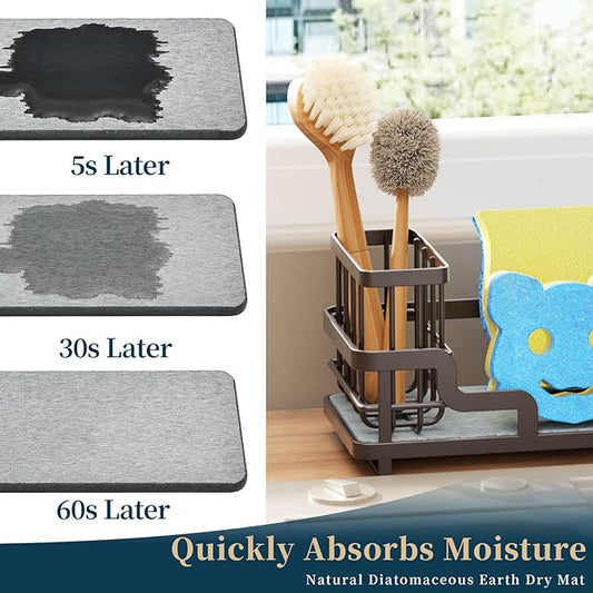 Consumest Sponge Holder for Kitchen Sink - Sink Caddy Organizer with Water Absorbing Stone Tray, Detachable Brush Holder, Stainless Steel Kitchen Counter Organizer Rack, Bronze