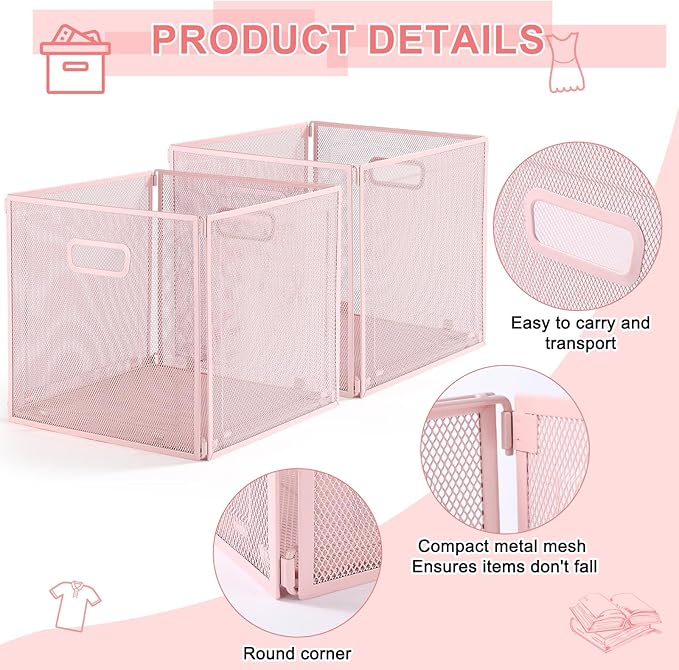2 Pcs Foldable Metal Cube Storage Baskets 13" x 13" Pink Kitchen Wire Baskets Stackable Mesh Laundry Organizer Bin with Handles for Shelves Kitchen Pantry Cabinets Closet Food