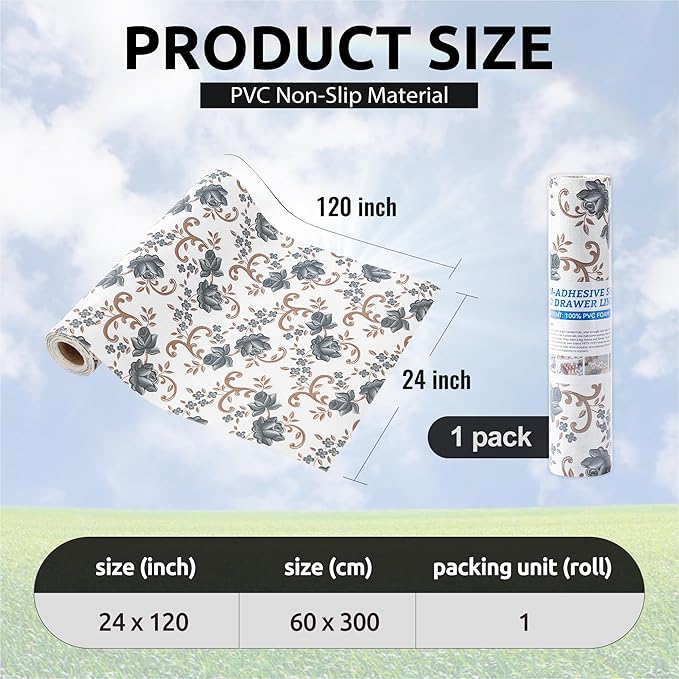 FIFTY FEET 24X120 Inch Shelf Liner for Kitchen Cabinets, PVC Drawer Liner for Dresser Non-Slip Bathroom, Non-Adhesive Cabinet Liner Washable (Black Floral)(1 Roll)