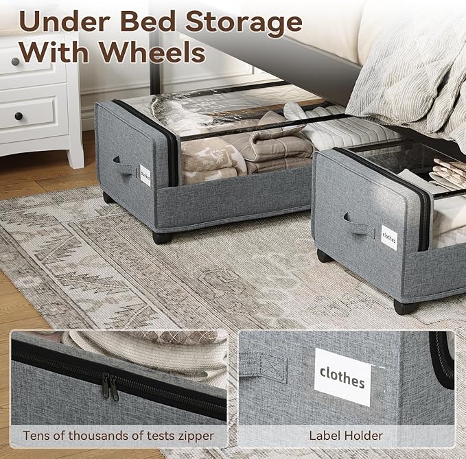 VicHomey Under Bed Storage With Wheels, Tall Under The Bed Storage, Underbed Storage Containers With Lids, Metal Frame, 90L Capacity, Large Size