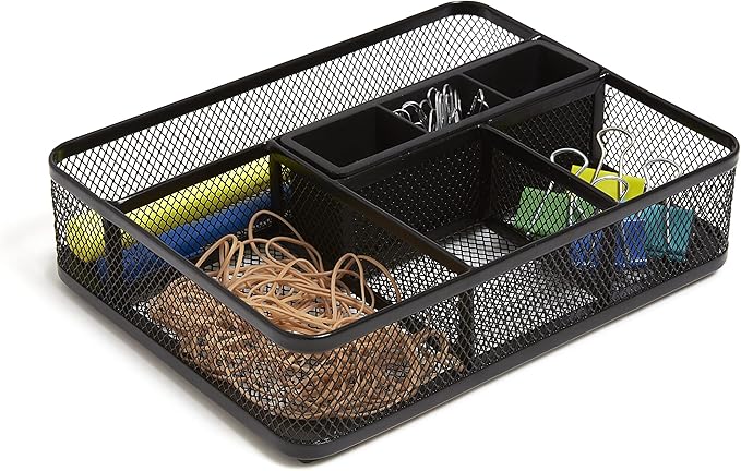 TRU RED Mesh Drawer Organizer, 7‑Compartment, Matte Black – Desk & Drawer Storage for Office Supplies