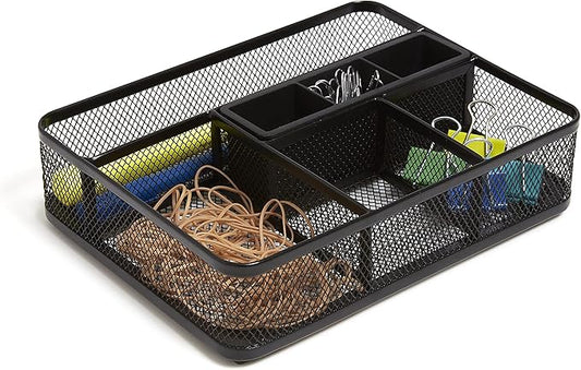 TRU RED Mesh Drawer Organizer, 7‑Compartment, Matte Black – Desk & Drawer Storage for Office Supplies
