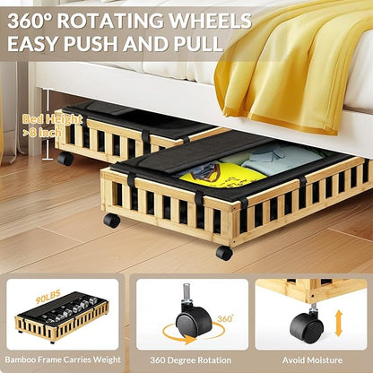 Gashell 2 Pack Bamboo Under Bed Storage with Wheels, 39”x20”x7.8” Lager Under Bed Storage Containers (Natural)