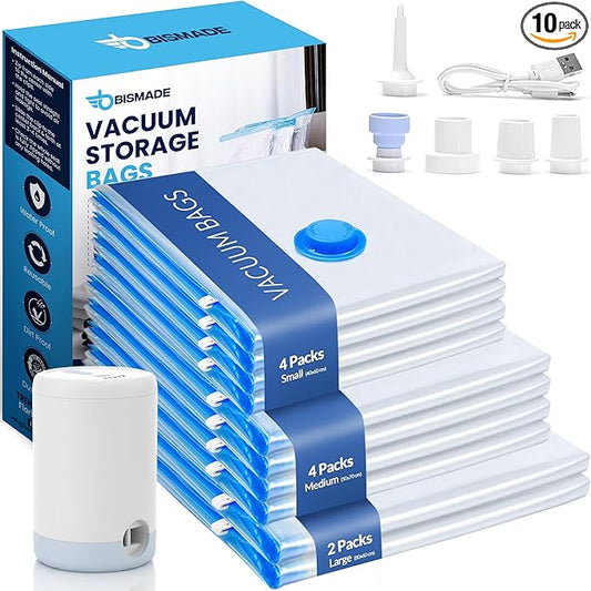 Vacuum Seal Bags for Clothing Travel – 10 Pack Compressed Vacuum Storage Bags with Rechargeable Air Pump – Carry-on Size Small, Medium & Large Space Saver Storage Bag for Suitcase and Luggage