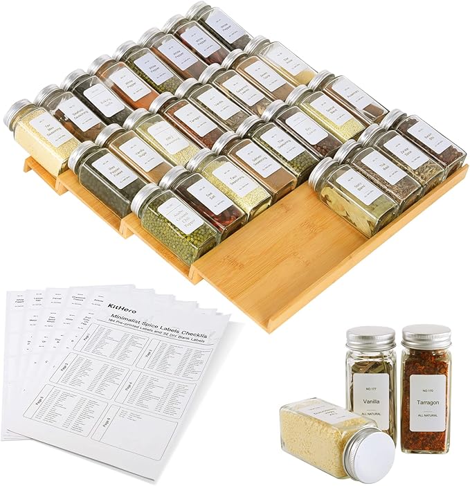KitHero Spice Drawer Organizer with 28 Spice Jars,216 Labels,25 Non-slip Rubber, Bamboo 4 Tier Seasoning Rack Tray Insert for Kitchen Drawers,Cabinets,Countertop,14.6" Wide x 15.8" Deep