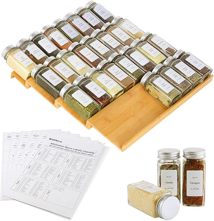 KitHero Spice Drawer Organizer with 28 Spice Jars,216 Labels,25 Non-slip Rubber, Bamboo 4 Tier Seasoning Rack Tray Insert for Kitchen Drawers,Cabinets,Countertop,14.6" Wide x 15.8" Deep