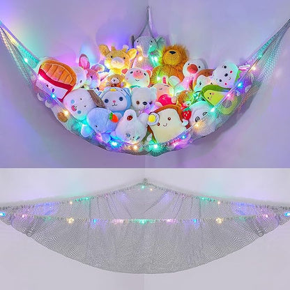 Unicorn Castle Stuffed Animals Net or Hammock Kids Toy Storage Organizer with LED Light Hanging Corner Stuffed Animals Holder Kids Girls Room Decor,Grey,Large (Pack of 1)