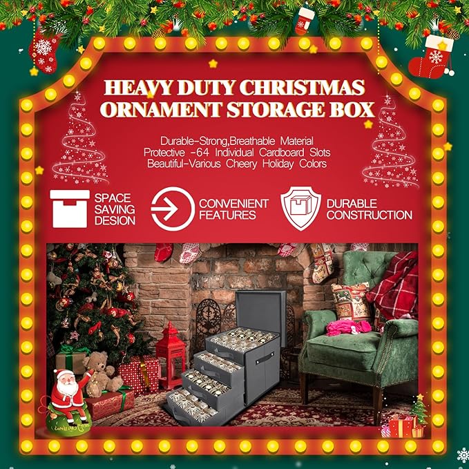 WDZREE Premium Large Christmas Ornament Storage,Box with Side Open, Drawer Style Trays - 3" Compartment, 4 Trays, Keeps 64 Holiday Ornaments -Made of Durable 600D Oxford Fabric Tear-Proof Material
