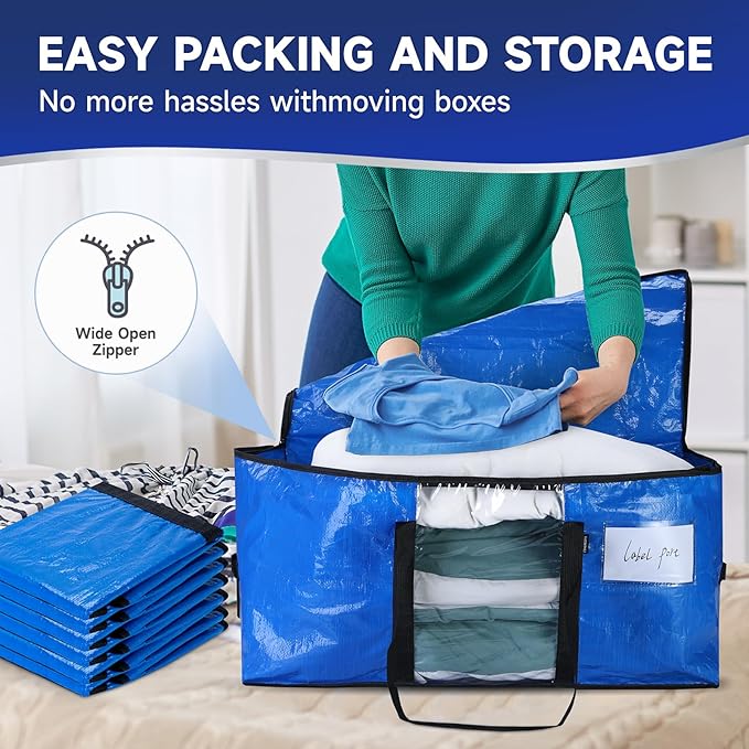 8 Heavy-Duty Moving Bags - Zinc alloy zippers, sturdy handles, durable, made of PE plastic - perfect for easy moving, dorm room, and home organization needs.