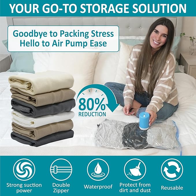 26 Pack Vacuum Storage Bags with Portable Rechargeable Wireless Electric Pump, Vacuum Seal Space Saver Bags for Clothing, Pillows, Blanket, Bedding, Comforters